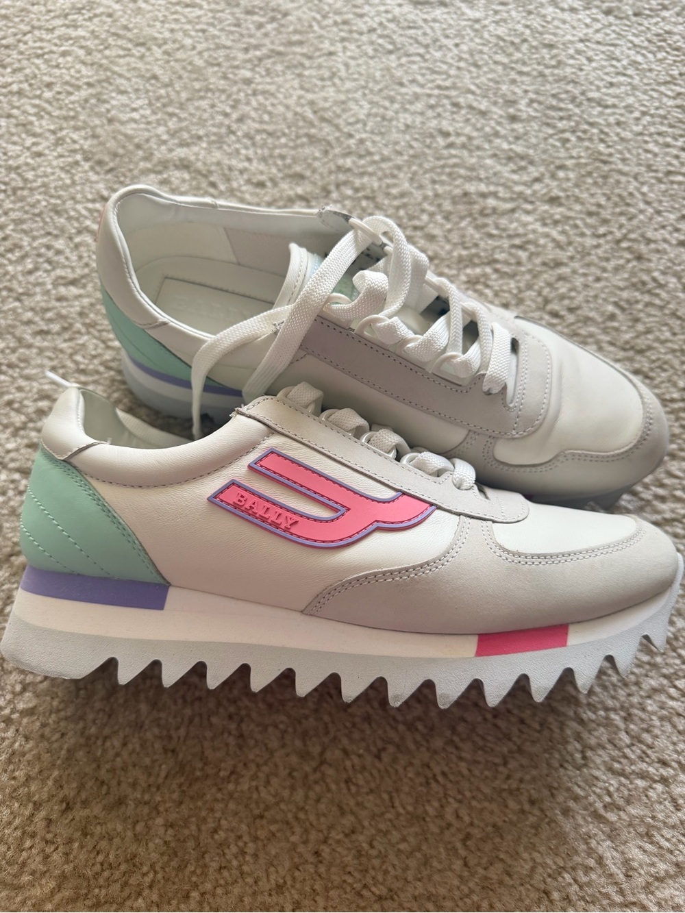Bally White Leather Platform Sneakers with Pink, Mint and Lavender Accents